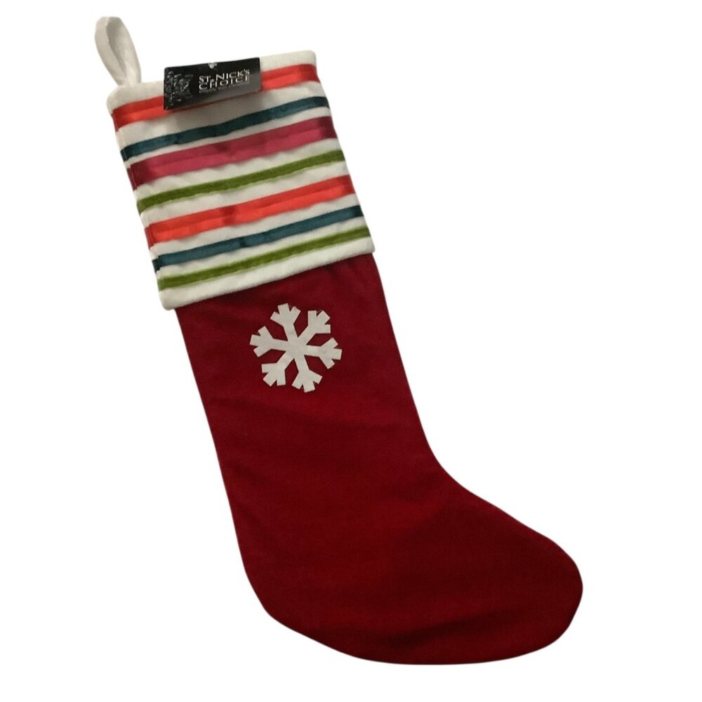 St.‎ Nicks Choice Christmas Stocking Ribbon Striped Cuff & Snowflake 21” NEW NWT